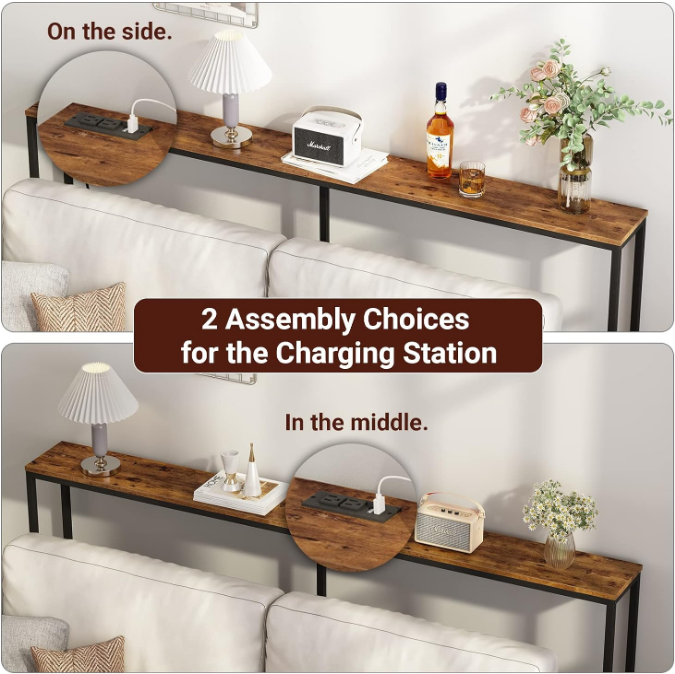 70 Inch Console Table with Outlet, Sofa Table with Charging Station, Narrow Entryway Table, Skinny Hallway Table, Behind Couch Table, for Living Room, Rustic Brown