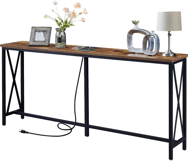  70 Inch Console Table with 2 Outlet and 2 USB Ports, Extra Long Entryway Table with Metal Frame and X-Shaped Design, Narrow Sofa Table for Living Room and Hallway - Rustic Brown