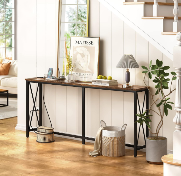  70 Inch Console Table with 2 Outlet and 2 USB Ports, Extra Long Entryway Table with Metal Frame and X-Shaped Design, Narrow Sofa Table for Living Room and Hallway - Rustic Brown