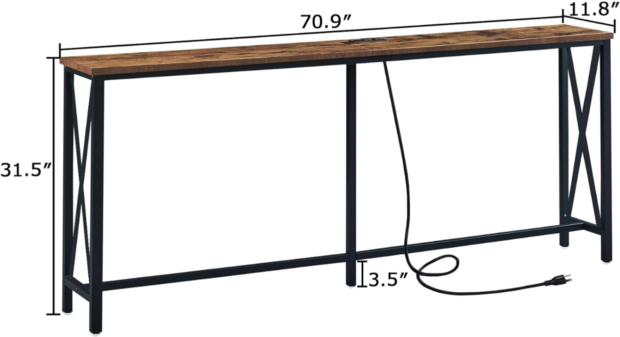  70 Inch Console Table with 2 Outlet and 2 USB Ports, Extra Long Entryway Table with Metal Frame and X-Shaped Design, Narrow Sofa Table for Living Room and Hallway - Rustic Brown