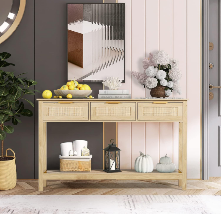 Rattan Console Table Boho Entryway Table Narrow Long Sofa Table Hallway Foyer Table Behind Couch Table with 3 Drawers and Open Storage Shelf for Living Room and Corridor Natural Wood