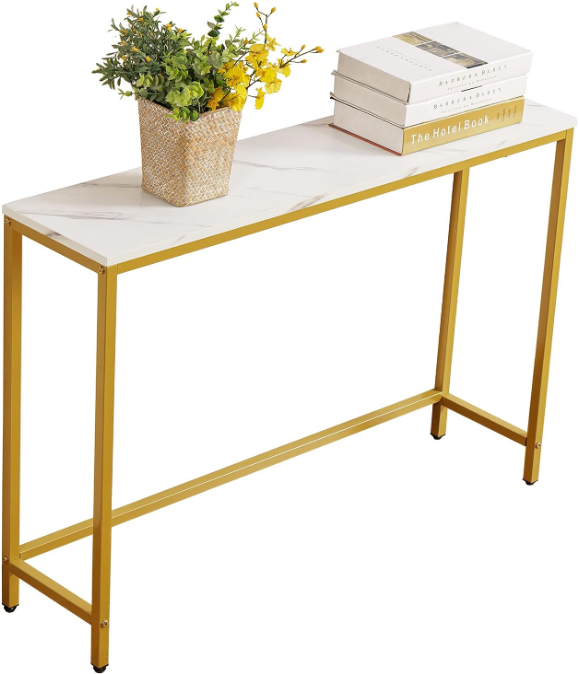 Table for Entryway, Faux Marble MDF Sofa Table with Golden Frame (Single Layer, White Marble)