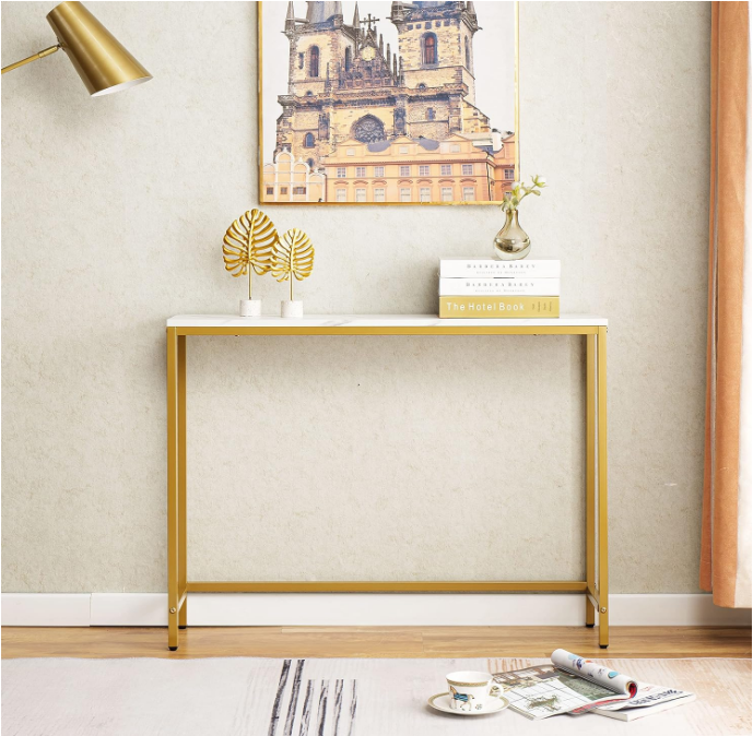 Table for Entryway, Faux Marble MDF Sofa Table with Golden Frame (Single Layer, White Marble)