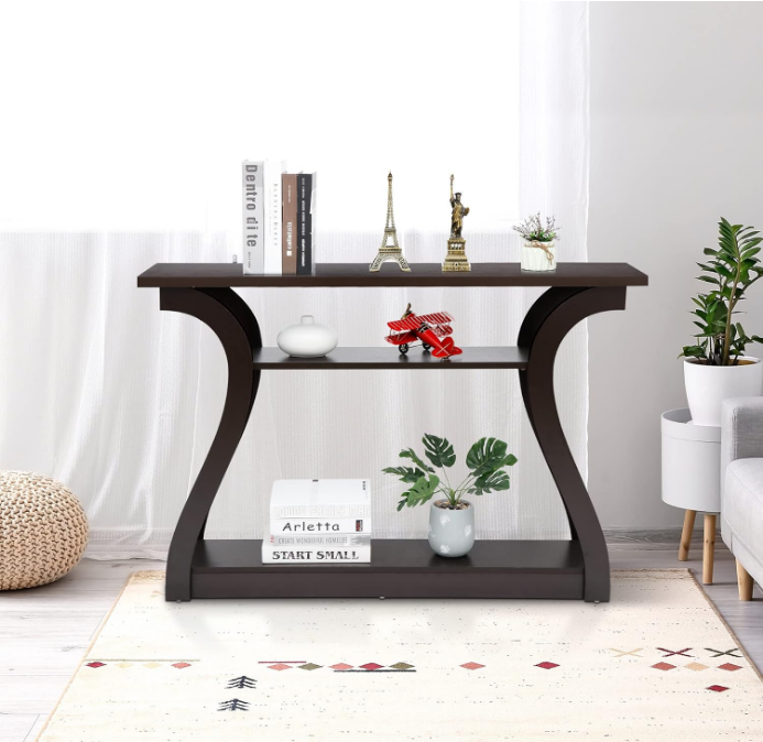 3 Tier Narrow Console Table Accent Sofa Table Wood Entryway Table Decorative Hallway Table with Shelves, Curved Frame for Living Room Front Door Entrance, 47 in Espresso
