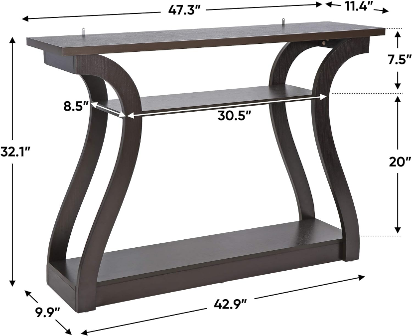 3 Tier Narrow Console Table Accent Sofa Table Wood Entryway Table Decorative Hallway Table with Shelves, Curved Frame for Living Room Front Door Entrance, 47 in Espresso