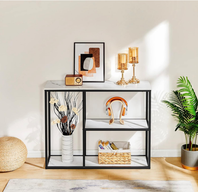 Console Table, 12 Inch Narrow Entryway Table for Living Room, 31.5 Inch Modern Industrial Sofa Table with 3-Tier Storage Shelves for Corridor, Hallway, White Marble