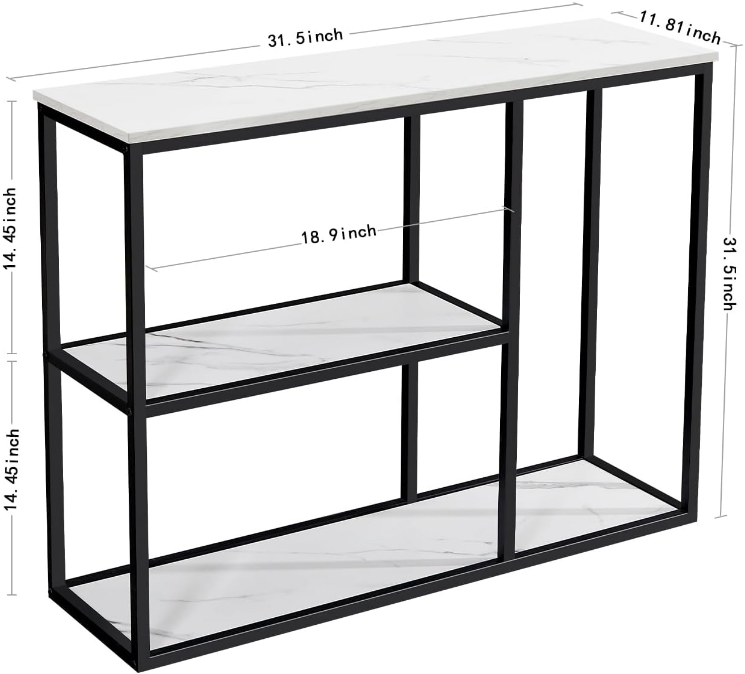 Console Table, 12 Inch Narrow Entryway Table for Living Room, 31.5 Inch Modern Industrial Sofa Table with 3-Tier Storage Shelves for Corridor, Hallway, White Marble