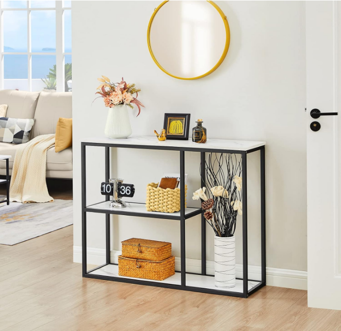 Console Table, 12 Inch Narrow Entryway Table for Living Room, 31.5 Inch Modern Industrial Sofa Table with 3-Tier Storage Shelves for Corridor, Hallway, White Marble