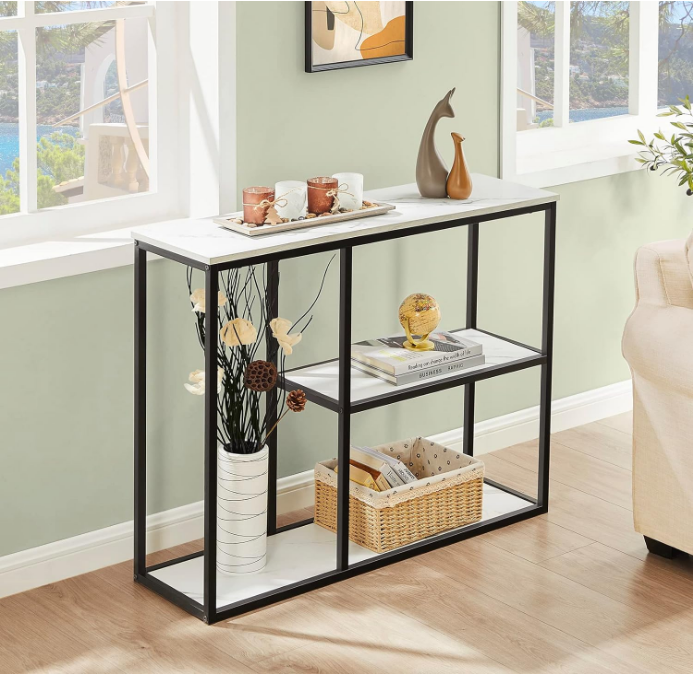 Console Table, 12 Inch Narrow Entryway Table for Living Room, 31.5 Inch Modern Industrial Sofa Table with 3-Tier Storage Shelves for Corridor, Hallway, White Marble