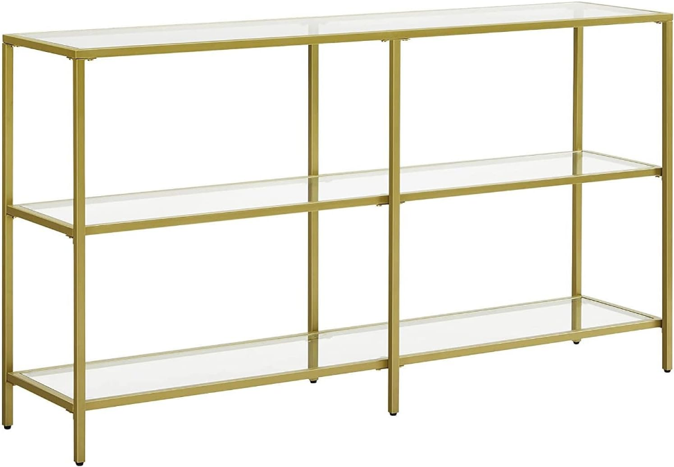 51.2 Inch Console Table with 3 Shelves, Sofa Table, Entryway Table, Metal Frame, Tempered Glass Shelf, Modern Style, for Entryway Living Room Bedroom, Metallic Gold and Transparent 