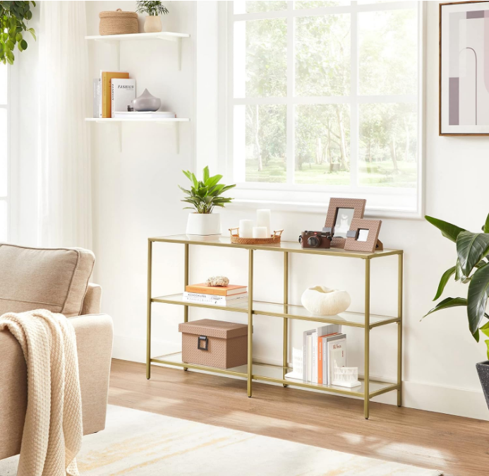 51.2 Inch Console Table with 3 Shelves, Sofa Table, Entryway Table, Metal Frame, Tempered Glass Shelf, Modern Style, for Entryway Living Room Bedroom, Metallic Gold and Transparent 