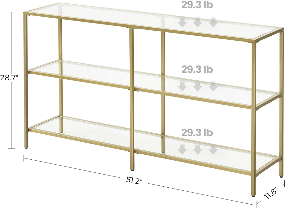51.2 Inch Console Table with 3 Shelves, Sofa Table, Entryway Table, Metal Frame, Tempered Glass Shelf, Modern Style, for Entryway Living Room Bedroom, Metallic Gold and Transparent 