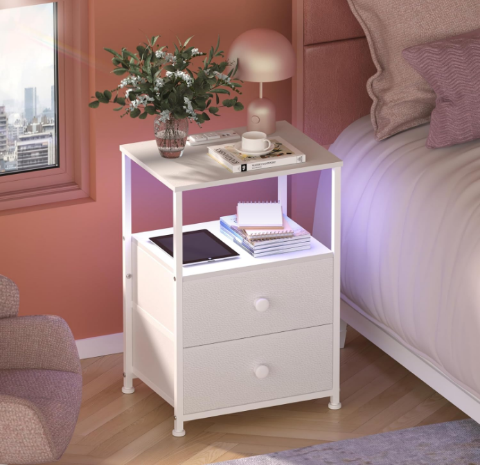 Sofa End Tables with Charging Station LED Light Nightstand Bedroom Bed Side Dresser with Fabric Drawers Open Storage Shelf Living Room with USB Ports and Outlet (White, 1 Pack)