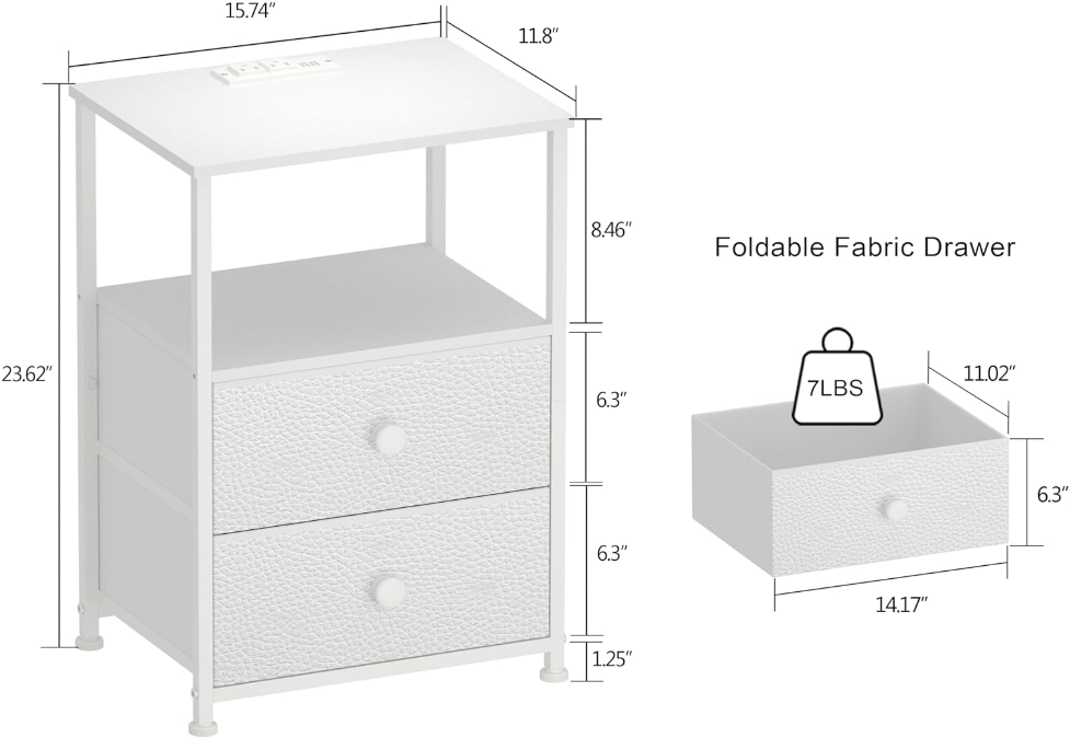 Sofa End Tables with Charging Station LED Light Nightstand Bedroom Bed Side Dresser with Fabric Drawers Open Storage Shelf Living Room with USB Ports and Outlet (White, 1 Pack)