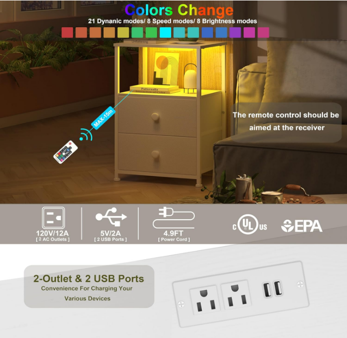 Sofa End Tables with Charging Station LED Light Nightstand Bedroom Bed Side Dresser with Fabric Drawers Open Storage Shelf Living Room with USB Ports and Outlet (White, 1 Pack)