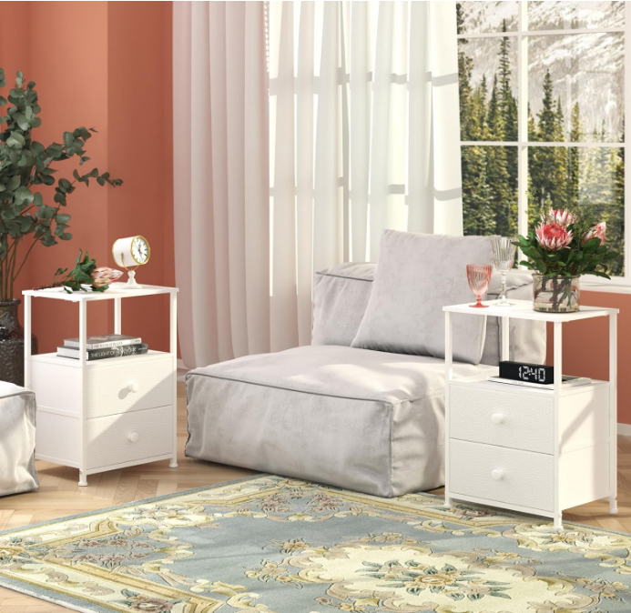 Sofa End Tables with Charging Station LED Light Nightstand Bedroom Bed Side Dresser with Fabric Drawers Open Storage Shelf Living Room with USB Ports and Outlet (White, 1 Pack)