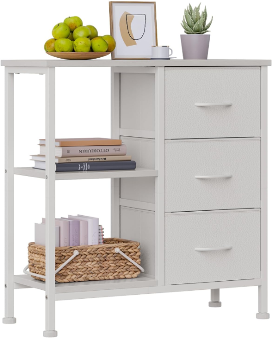 3 Drawer White Dresser for Bedroom, Small Nightstand with Shelf, Side Table for Small Space, Fabric Dresser Chest of Drawer for Nursery, Living Room, Dorm, Compact Wood Furniture(White)