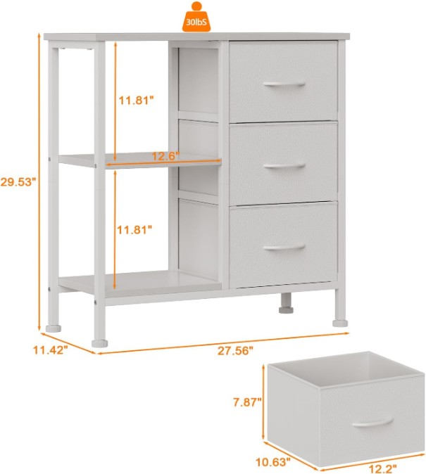 3 Drawer White Dresser for Bedroom, Small Nightstand with Shelf, Side Table for Small Space, Fabric Dresser Chest of Drawer for Nursery, Living Room, Dorm, Compact Wood Furniture(White)