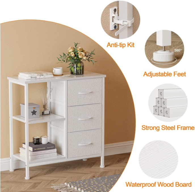 3 Drawer White Dresser for Bedroom, Small Nightstand with Shelf, Side Table for Small Space, Fabric Dresser Chest of Drawer for Nursery, Living Room, Dorm, Compact Wood Furniture(White)