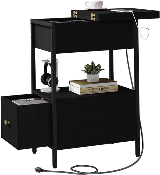 End Table with Charging Station, Narrow Side Table with Flip Top Cabinet and Fabric Drawer, Nightstand Bedside Tables for Small Spaces, Bedroom, Living Room, Black