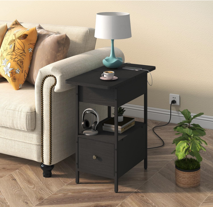 End Table with Charging Station, Narrow Side Table with Flip Top Cabinet and Fabric Drawer, Nightstand Bedside Tables for Small Spaces, Bedroom, Living Room, Black