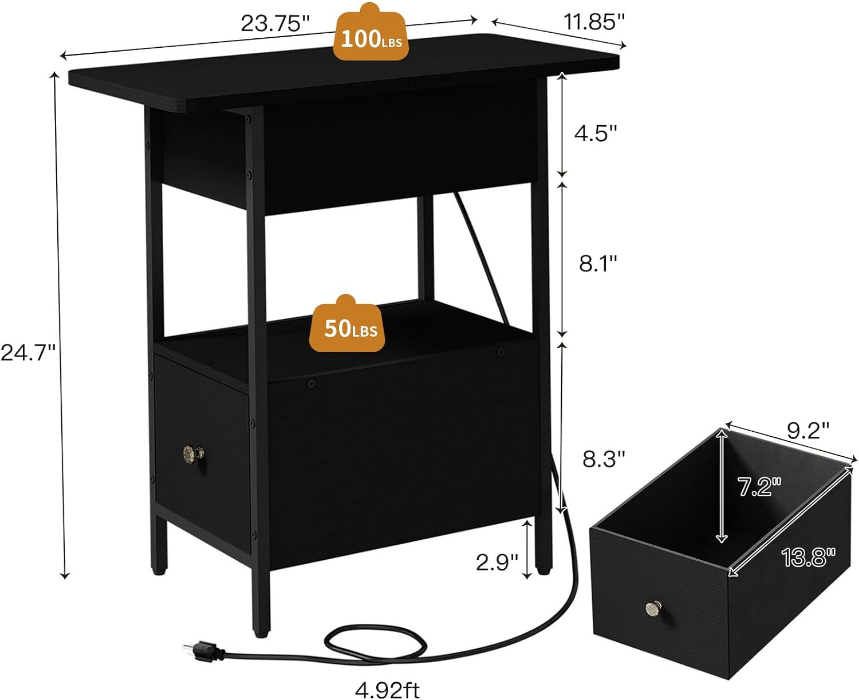 End Table with Charging Station, Narrow Side Table with Flip Top Cabinet and Fabric Drawer, Nightstand Bedside Tables for Small Spaces, Bedroom, Living Room, Black