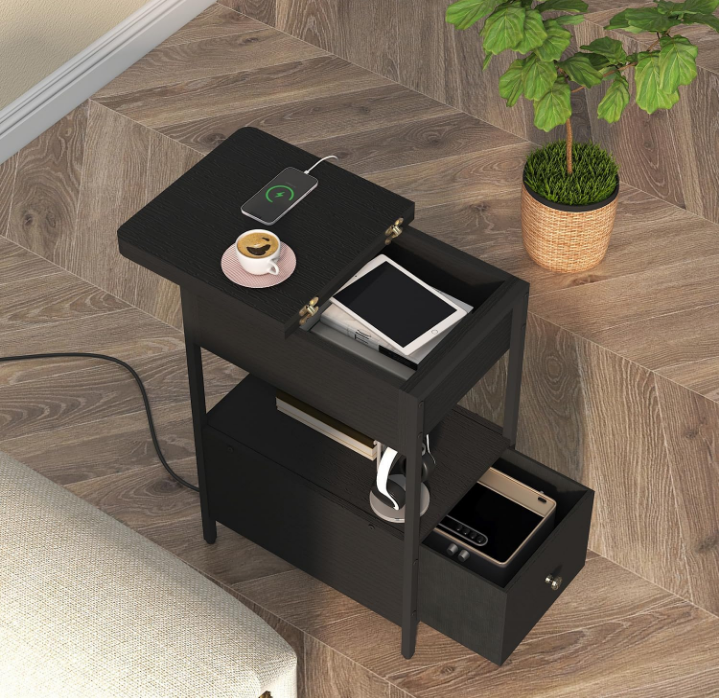 End Table with Charging Station, Narrow Side Table with Flip Top Cabinet and Fabric Drawer, Nightstand Bedside Tables for Small Spaces, Bedroom, Living Room, Black