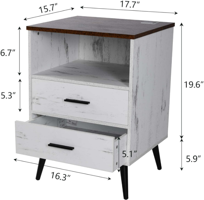 White Nightstand with Charging Station and LED Lights, Modern Bedside Table Smart Night Stand, End Side Table with 2 Drawers, Open Storage Shelf, USB Port for Bedroom Living Room