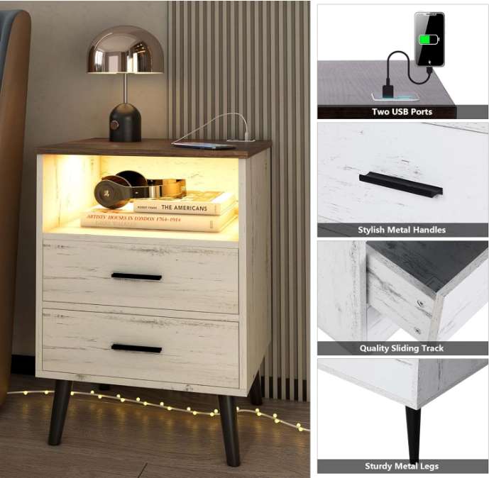White Nightstand with Charging Station and LED Lights, Modern Bedside Table Smart Night Stand, End Side Table with 2 Drawers, Open Storage Shelf, USB Port for Bedroom Living Room