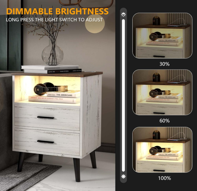White Nightstand with Charging Station and LED Lights, Modern Bedside Table Smart Night Stand, End Side Table with 2 Drawers, Open Storage Shelf, USB Port for Bedroom Living Room