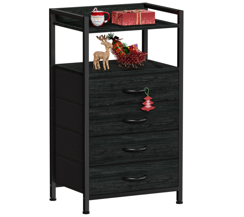 Black Nightstand for Bedroom, Small Dresser for Bedroom, Tall Night Stand with 4 Storage Fabric Drawers, Bedside Table Storage Drawer Organizer for Closet, Wooden Shelf, Side Furniture