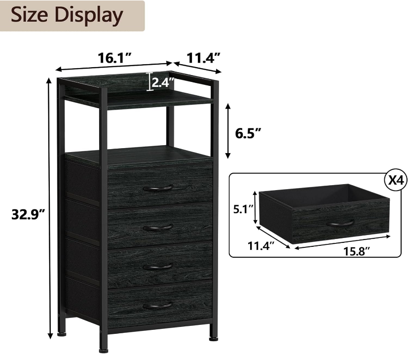 Black Nightstand for Bedroom, Small Dresser for Bedroom, Tall Night Stand with 4 Storage Fabric Drawers, Bedside Table Storage Drawer Organizer for Closet, Wooden Shelf, Side Furniture