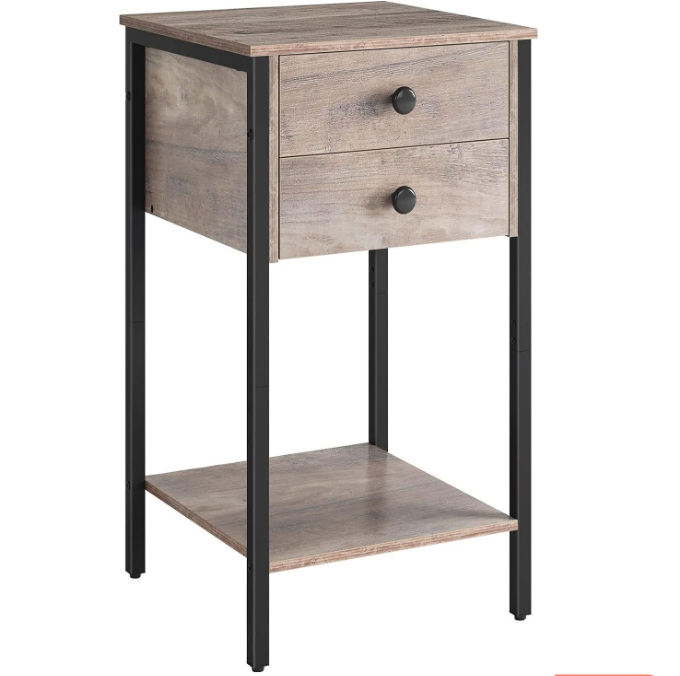 Tall Nightstand, Bedside Table with 2 Drawers and Storage Shelf, Industrial Telephone End Table for Study, Bedroom, Space Saving, Easy Assembly, Greige and Black BG72BZ01
