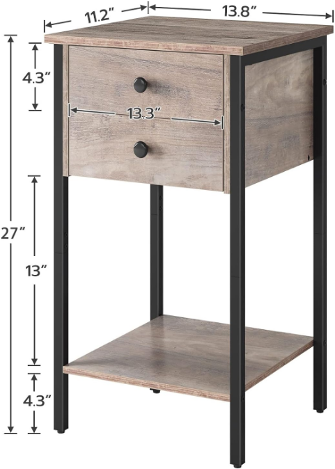 Tall Nightstand, Bedside Table with 2 Drawers and Storage Shelf, Industrial Telephone End Table for Study, Bedroom, Space Saving, Easy Assembly, Greige and Black BG72BZ01