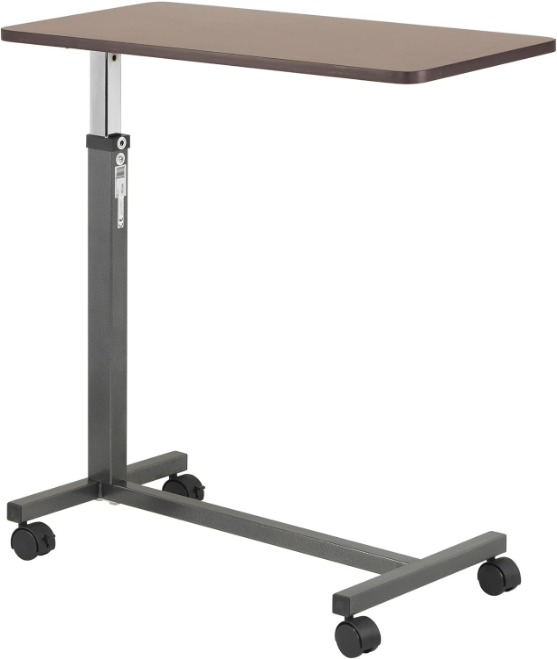 13067 Non Tilt Top Overbed Table with Wheels and Secure Height Adjustment, FSA/HSA Eligible, Standing Desk or Hospital Tray Table, Bedside Rolling Overbed Table, Silver Vein
