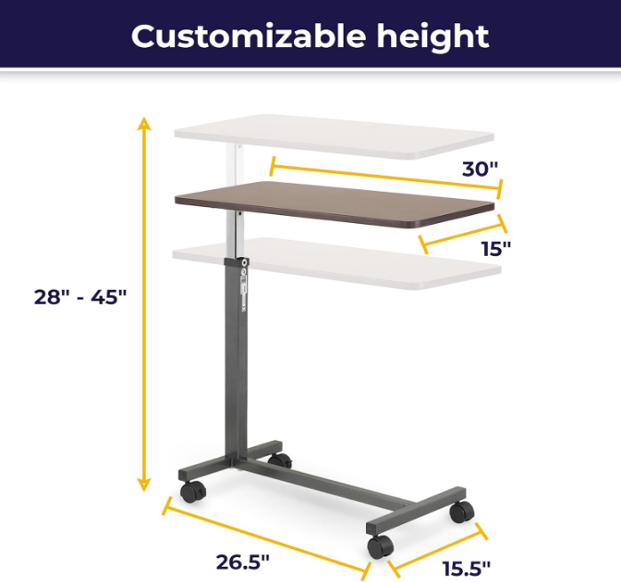 13067 Non Tilt Top Overbed Table with Wheels and Secure Height Adjustment, FSA/HSA Eligible, Standing Desk or Hospital Tray Table, Bedside Rolling Overbed Table, Silver Vein