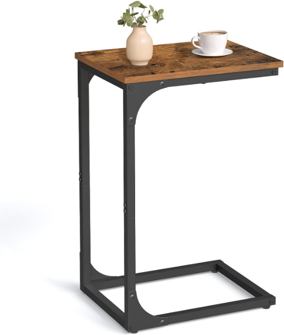 C-Shaped End Table, Small Side Table for Couch, Sofa Table with Metal Frame for Living Room, Bedroom, Bedside, Rustic Brown and Black