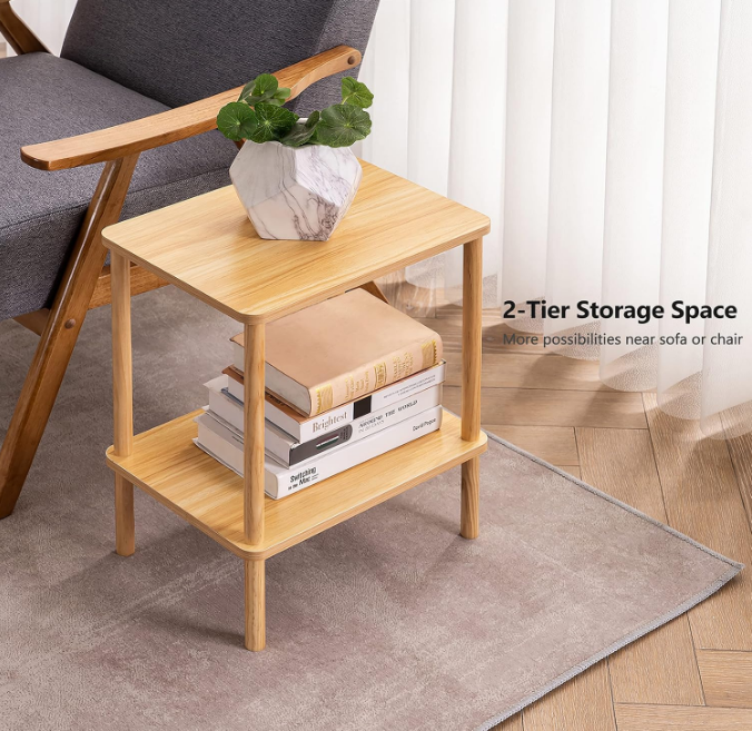 Apicizon 2 Tier End Table Set of 2, Boho Side Table with Storage Shelf, Nightstand Bedside Table for Small Spaces, Bedroom, Living Room, Entryway, Farmhouse, Easy Assembly, Natural