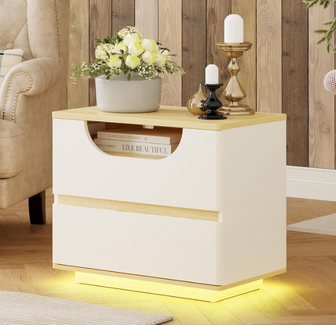 Night Stand with Charging Station, 22” Wide Modern End Table with LED Lights & Leather Surface, White Nightstand Beside Table for Bedroom, Living Room