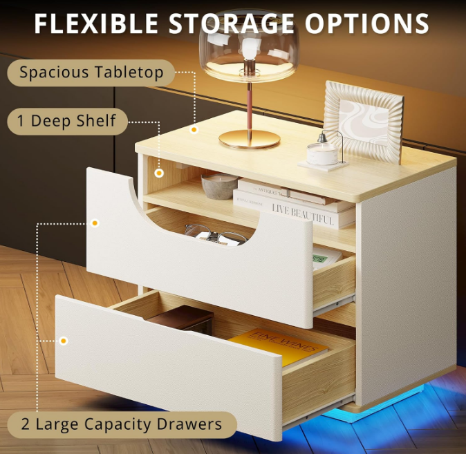 Night Stand with Charging Station, 22” Wide Modern End Table with LED Lights & Leather Surface, White Nightstand Beside Table for Bedroom, Living Room