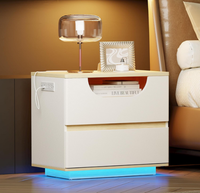 Night Stand with Charging Station, 22” Wide Modern End Table with LED Lights & Leather Surface, White Nightstand Beside Table for Bedroom, Living Room