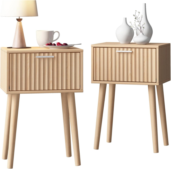 Nightstands Set of 2, Small Side Table, Bedside Table with Fluted Door, Solid Wood Feet; Modern Mid-Century End Table for Bedroom, Small Space (Natural)