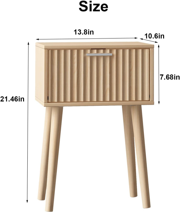 Nightstands Set of 2, Small Side Table, Bedside Table with Fluted Door, Solid Wood Feet; Modern Mid-Century End Table for Bedroom, Small Space (Natural)