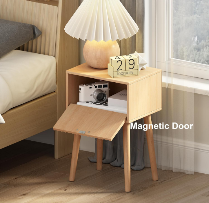 Nightstands Set of 2, Small Side Table, Bedside Table with Fluted Door, Solid Wood Feet; Modern Mid-Century End Table for Bedroom, Small Space (Natural)