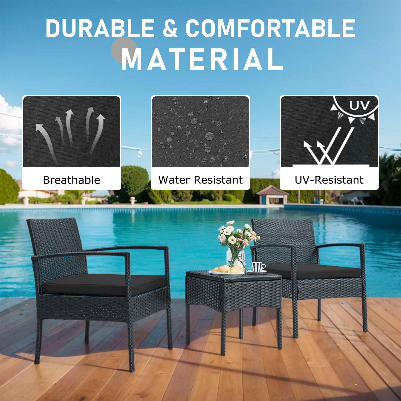 3 pieces Outdoor Wicker Patio Furniture Set with comfortable Chairs, Cushions, and Coffee Table for Backyard, Balcony and Apartment