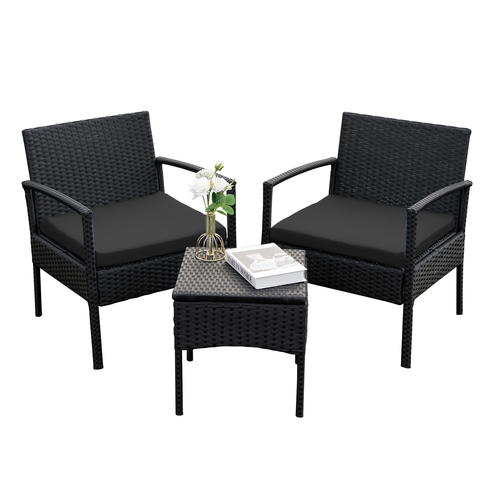 3 pieces Outdoor Wicker Patio Furniture Set with comfortable Chairs, Cushions, and Coffee Table for Backyard, Balcony and Apartment