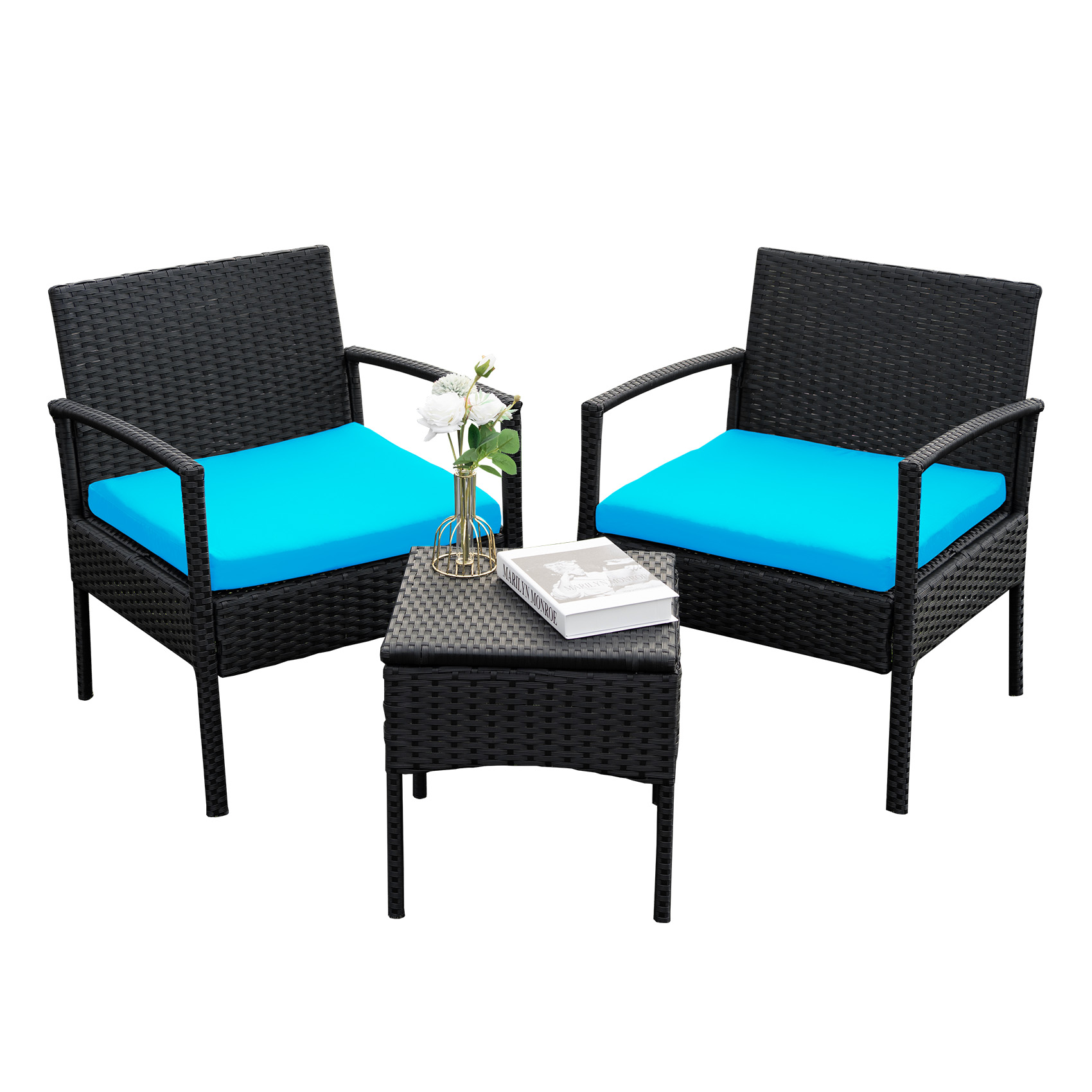 3 pieces Outdoor Wicker Patio Furniture Set with comfortable Chairs, Cushions, and Coffee Table for Backyard, Balcony and Apartment