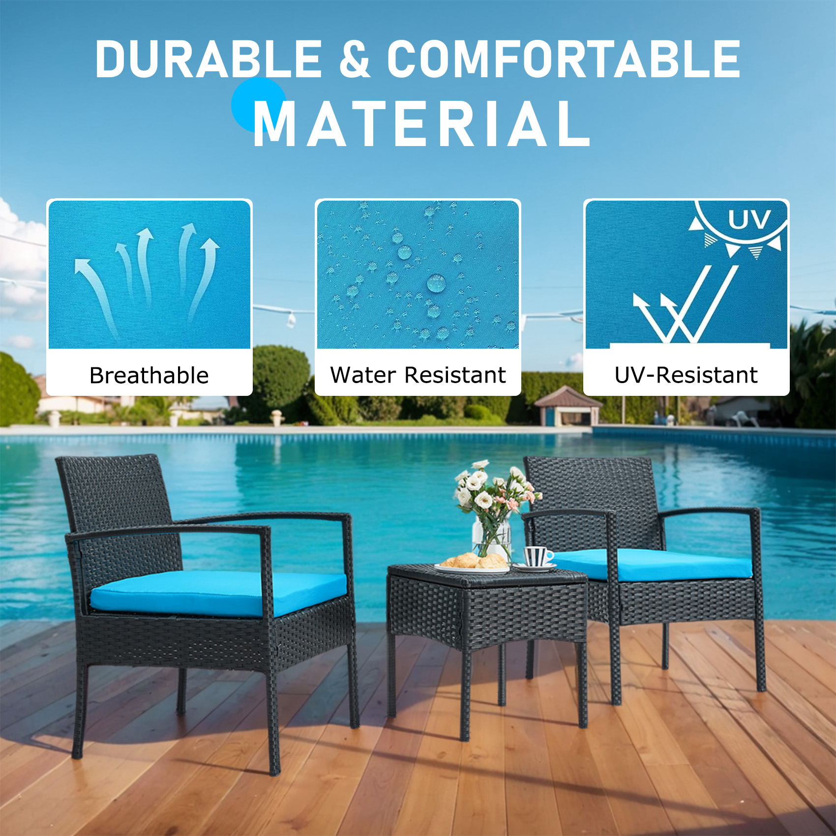 3 pieces Outdoor Wicker Patio Furniture Set with comfortable Chairs, Cushions, and Coffee Table for Backyard, Balcony and Apartment