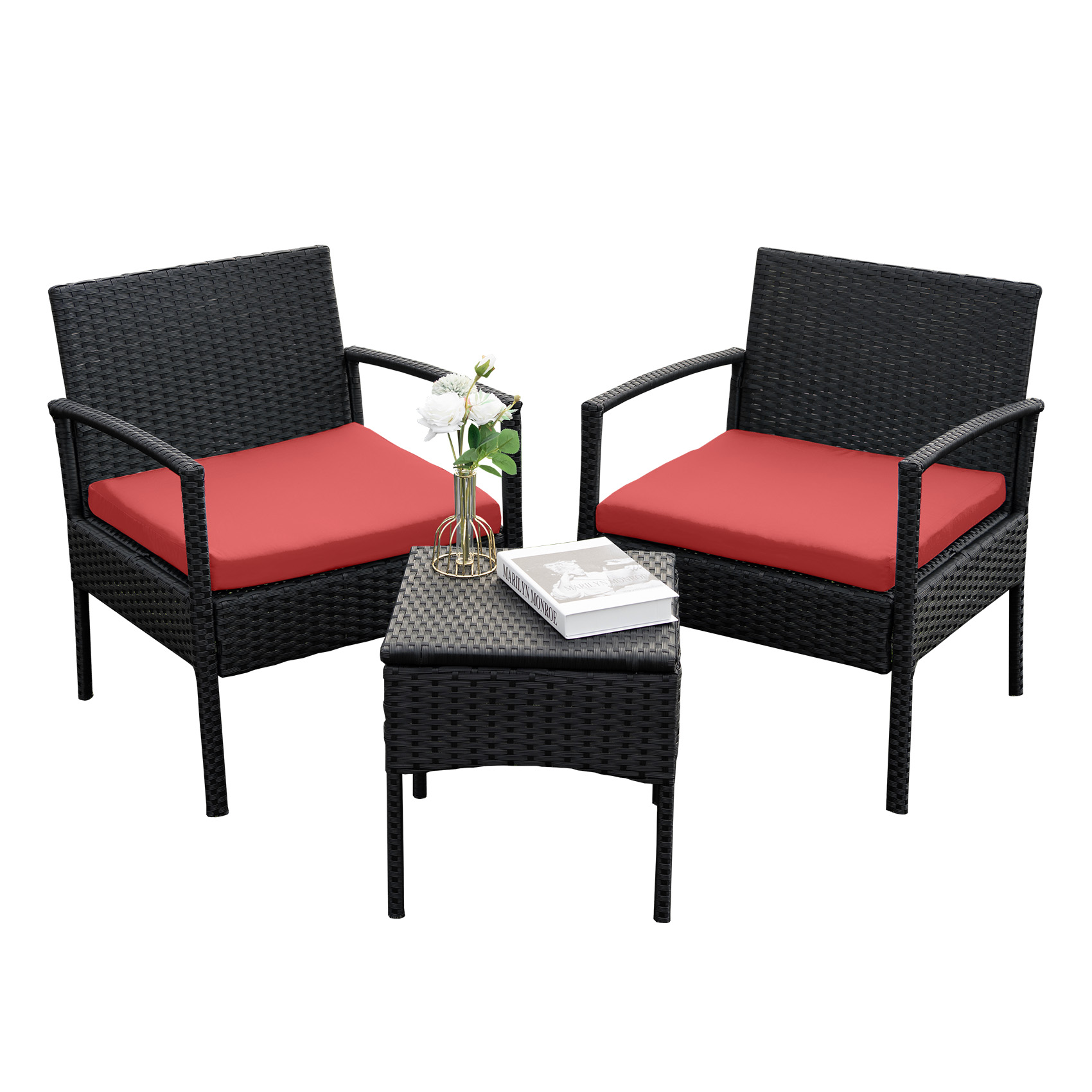 3 pieces Outdoor Wicker Patio Furniture Set with comfortable Chairs, Cushions, and Coffee Table for Backyard, Balcony and Apartment