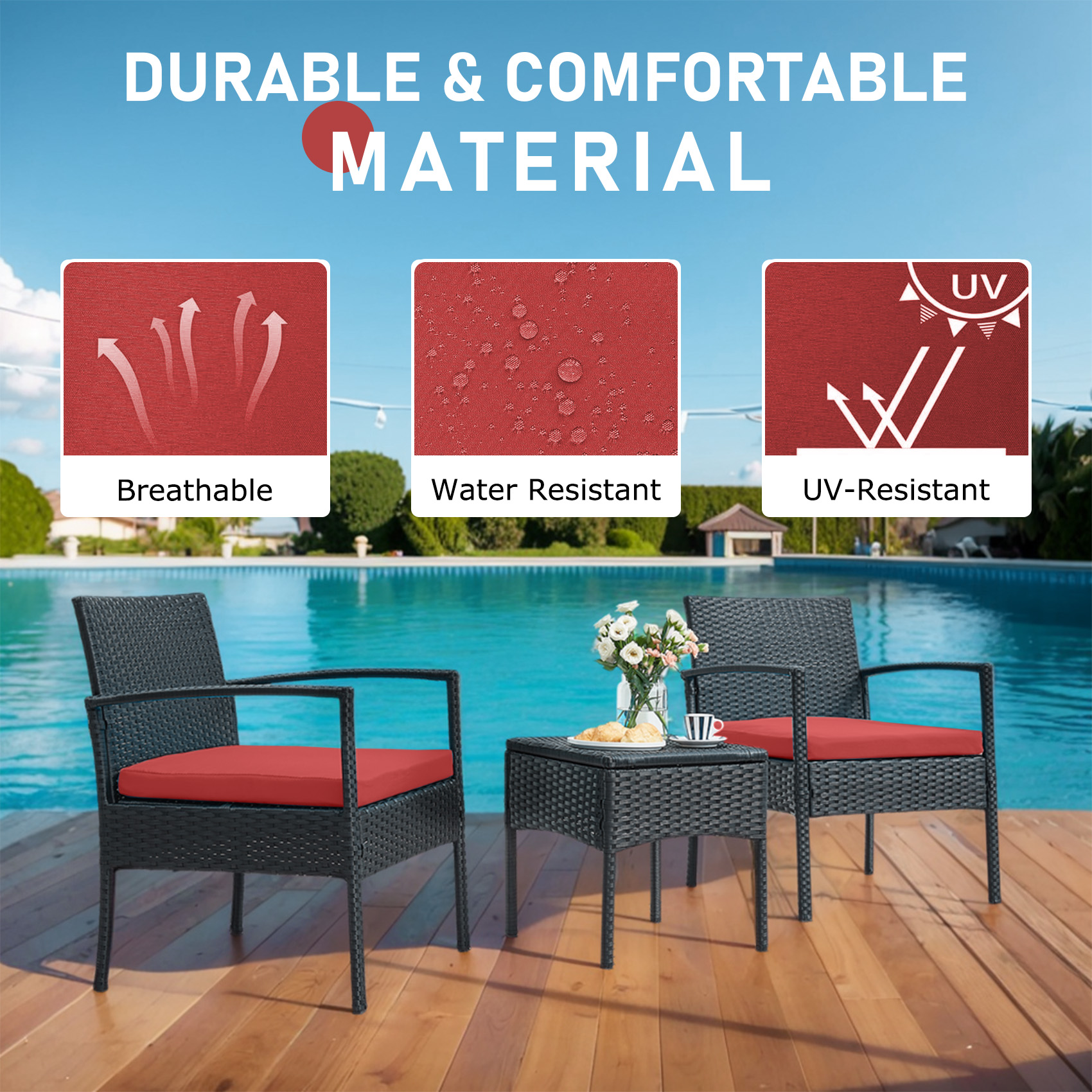3 pieces Outdoor Wicker Patio Furniture Set with comfortable Chairs, Cushions, and Coffee Table for Backyard, Balcony and Apartment